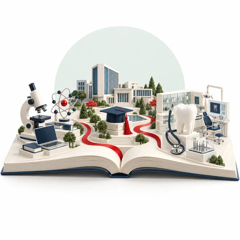 تصویرسازی مفهومی مسیرهای پزشکی، دندانپزشکی و پژوهش بر روی یک کتاب باز